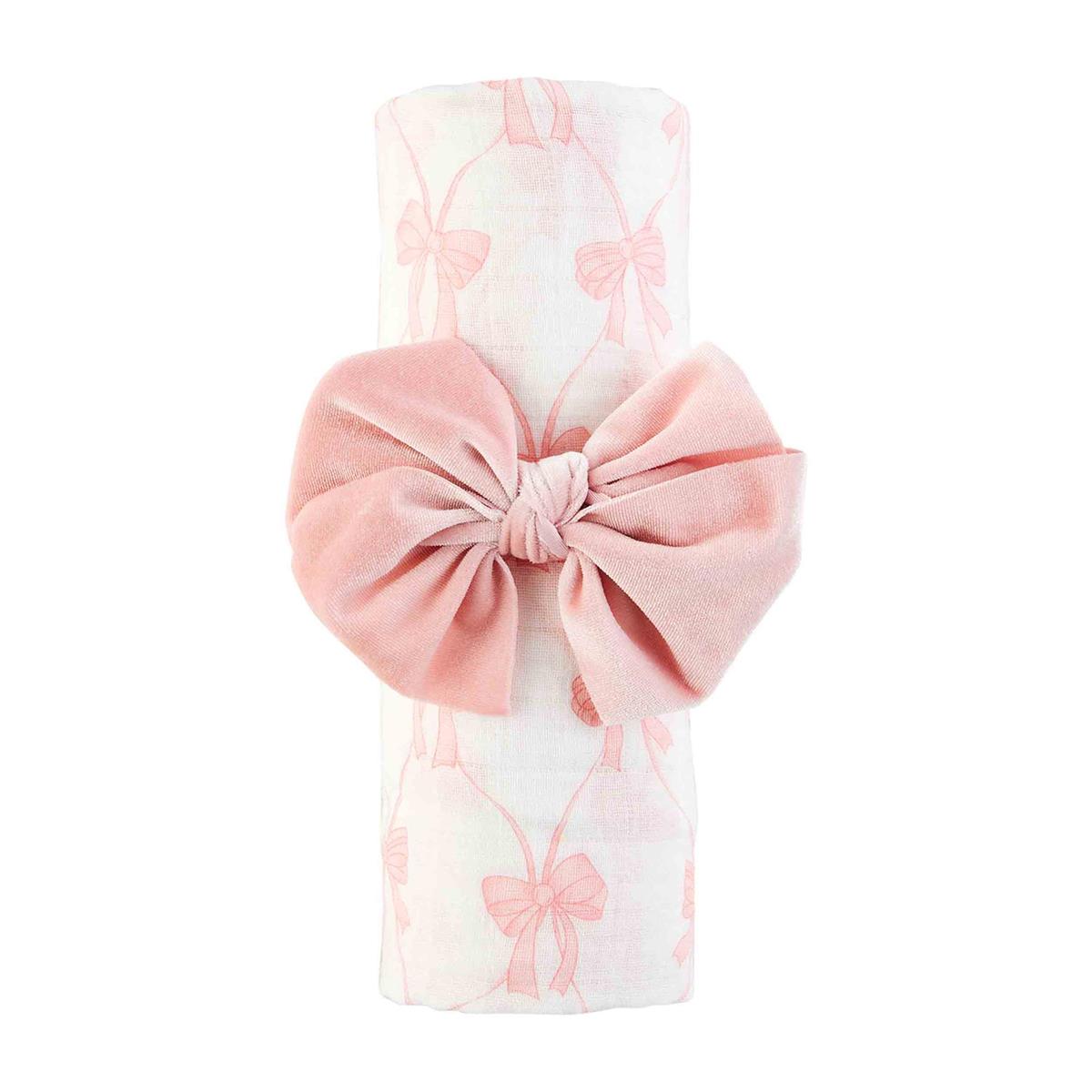 Bow Swaddle & Headband Set little baby girl gift set Mudpie at mks miminoo pink