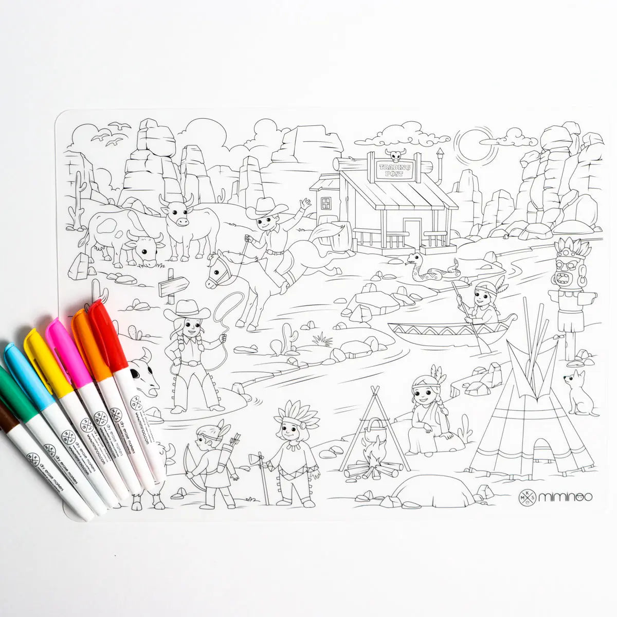 Silicone Reusable Coloring Mat & Markers Set - Cowboys & Indians - MKS Miminoo