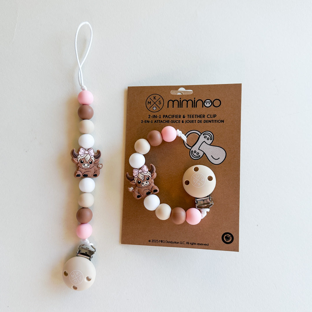 Pacifier clip & Teether Holder Highland Cow Pink