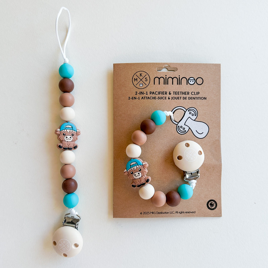 Pacifier clip & Teether Holder Highland Cow Teal