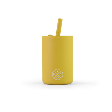 Drinking cup with straw babies toddlers kids silicone reusable durable unbreakable dinnerware mks miminoo arizona usa mustard yellow