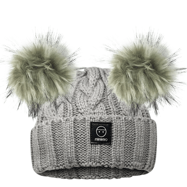 Merino Wool Snap on Double Pom Poms Braided Beanie in Light Grey-Winter Beanies-Mix & Match baby beanie winter hat snap on removable pompom single or double by MKS Miminoo Arizona USA
