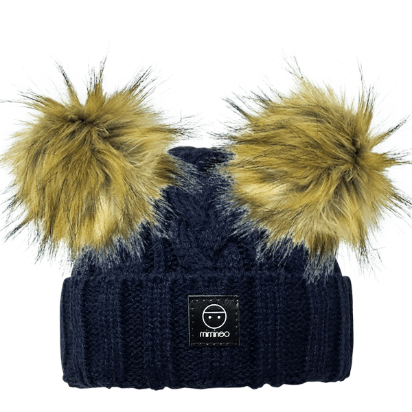 Merino Wool Snap on Double Pom Poms Braided Beanie in Navy-Winter Beanies-Mix & Match baby beanie winter hat snap on removable pompom single or double by MKS Miminoo Arizona USA