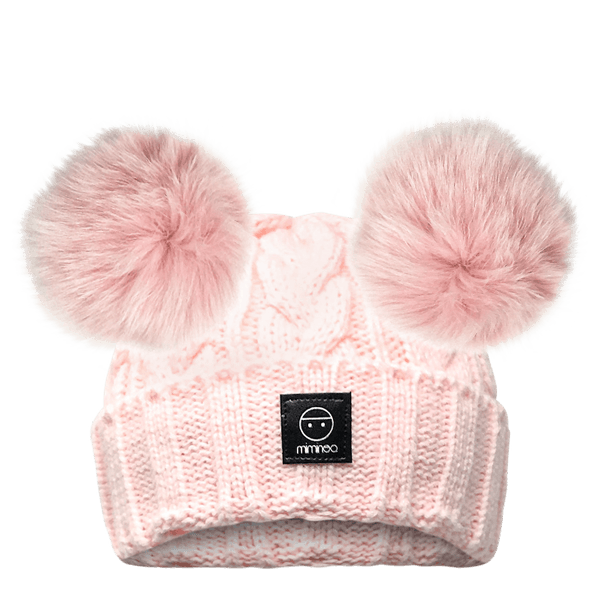 Merino Wool Snap on Double Pom Poms Braided Beanie in Pink-Winter Beanies-Mix & Match baby beanie winter hat snap on removable pompom single or double by MKS Miminoo Arizona USA