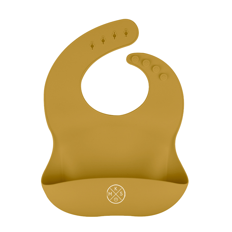 Silicone Pocket Bib in Mustard A BIB by MKS Unbreakable, durable and low maintenance dinnerware by MKS Distribution LLC Gilbert Phoenix USA. Modern trendy minimalist design.