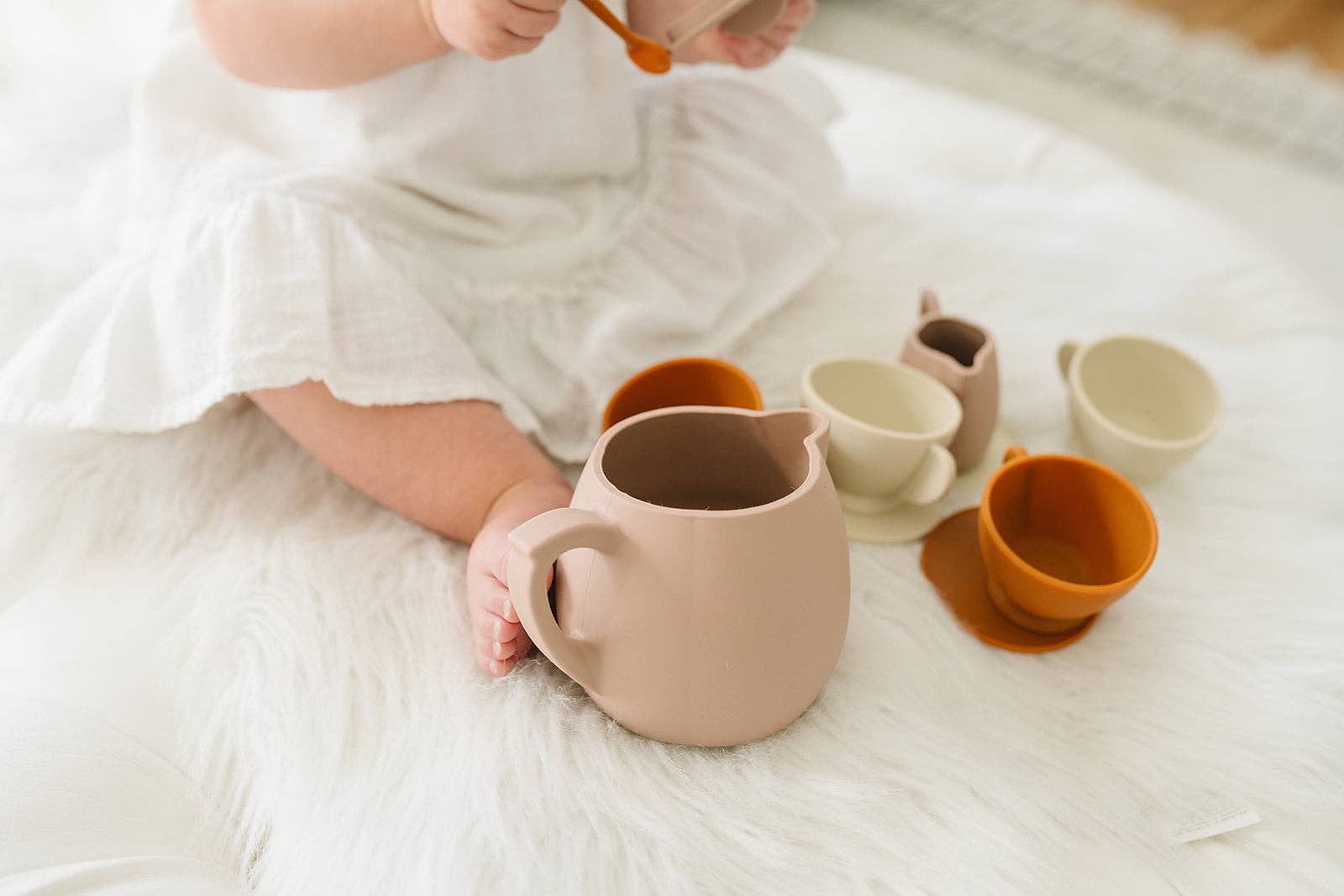 Silicone Tea Pretend Play Set for Girls and Boys Kids from marlow and kids at MKS Miminoo: A colorful and interactive tea party playset featuring a silicone tea kettle, cups, saucers, and utensils, perfect for imaginative playtime fun. Arizona USA. Gift Christmas Birthday.