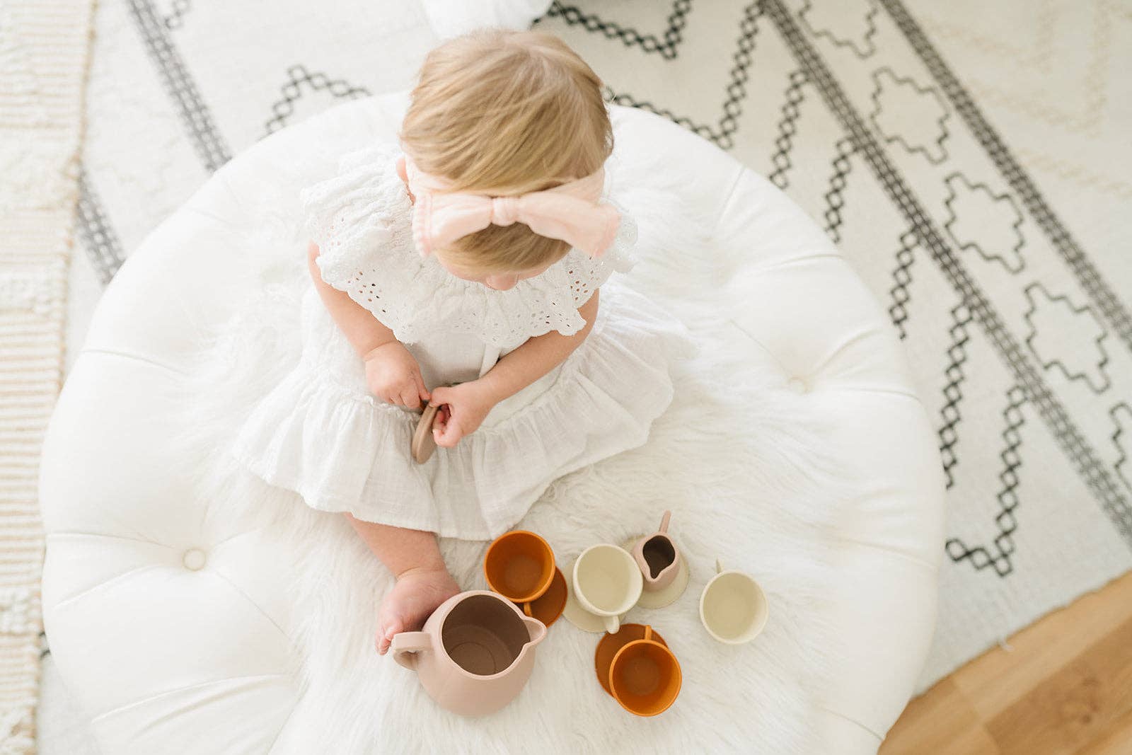 Silicone Tea Pretend Play Set for Girls and Boys Kids from MKS Miminoo: A colorful and interactive tea party playset featuring a silicone tea kettle, cups, saucers, and utensils, perfect for imaginative playtime fun.