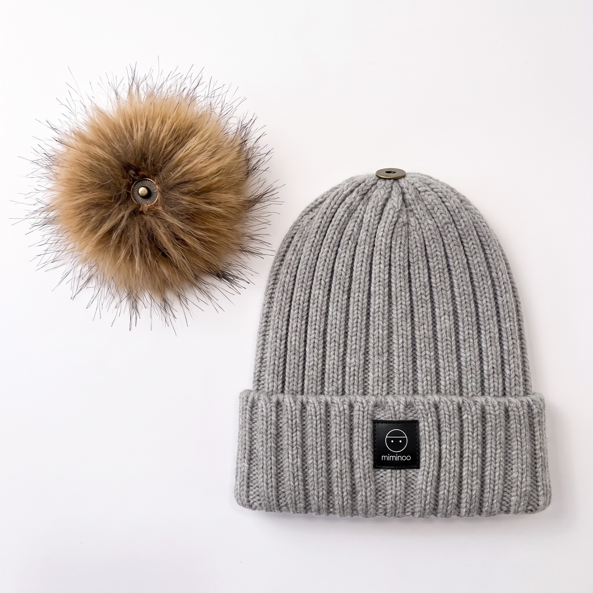 Angora Classic Ribbed Beanie Pom Snap-Button Option Light Grey