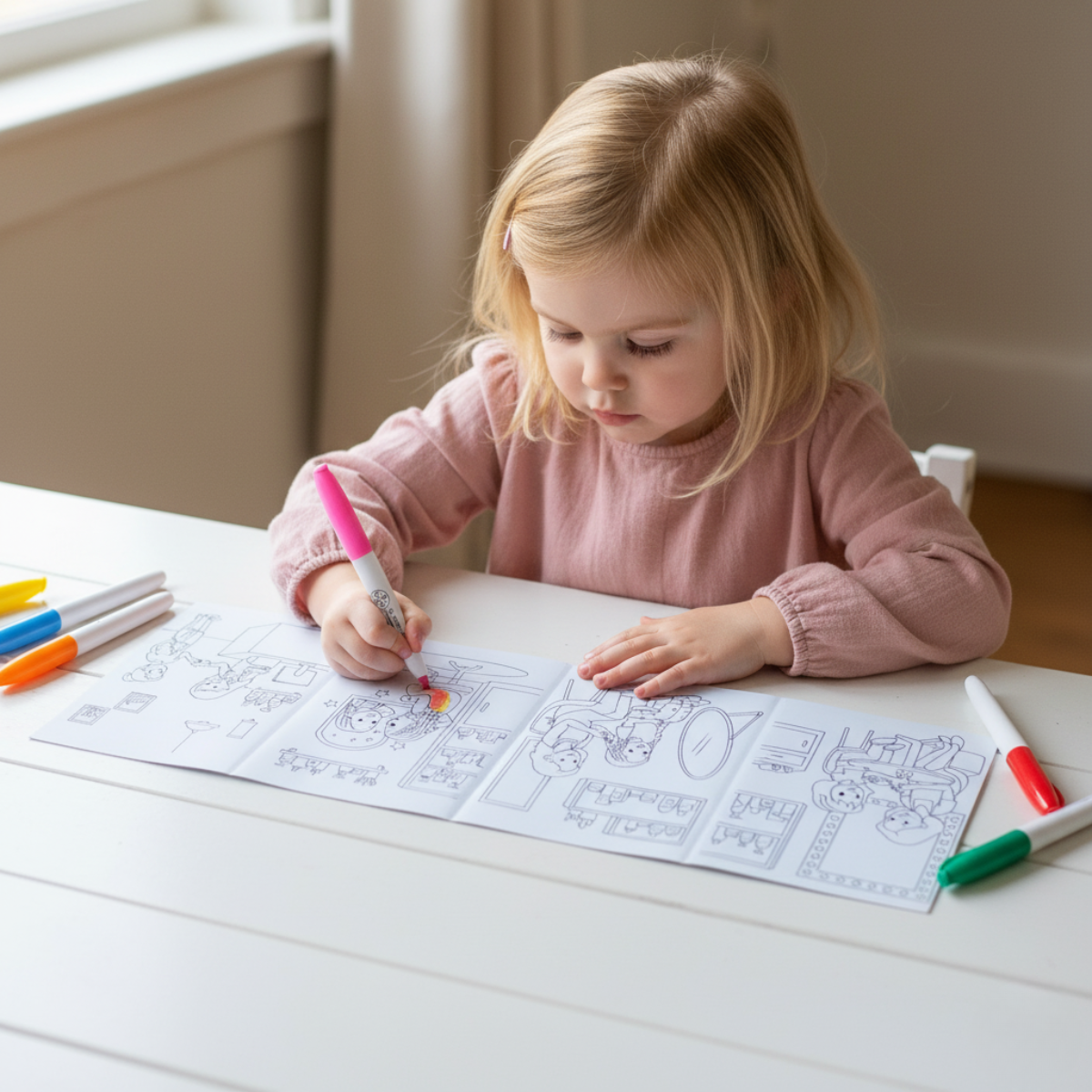 Child coloring a silicone coloring mat from MKS Miminoo with markers on a table.