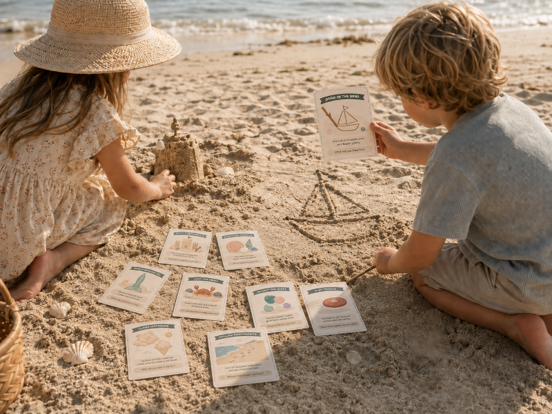 Two children playing on a sandy beach with educational cards and small seashell props. One child wears a straw hat and dress, and the other wears a light gray shirt and shorts.