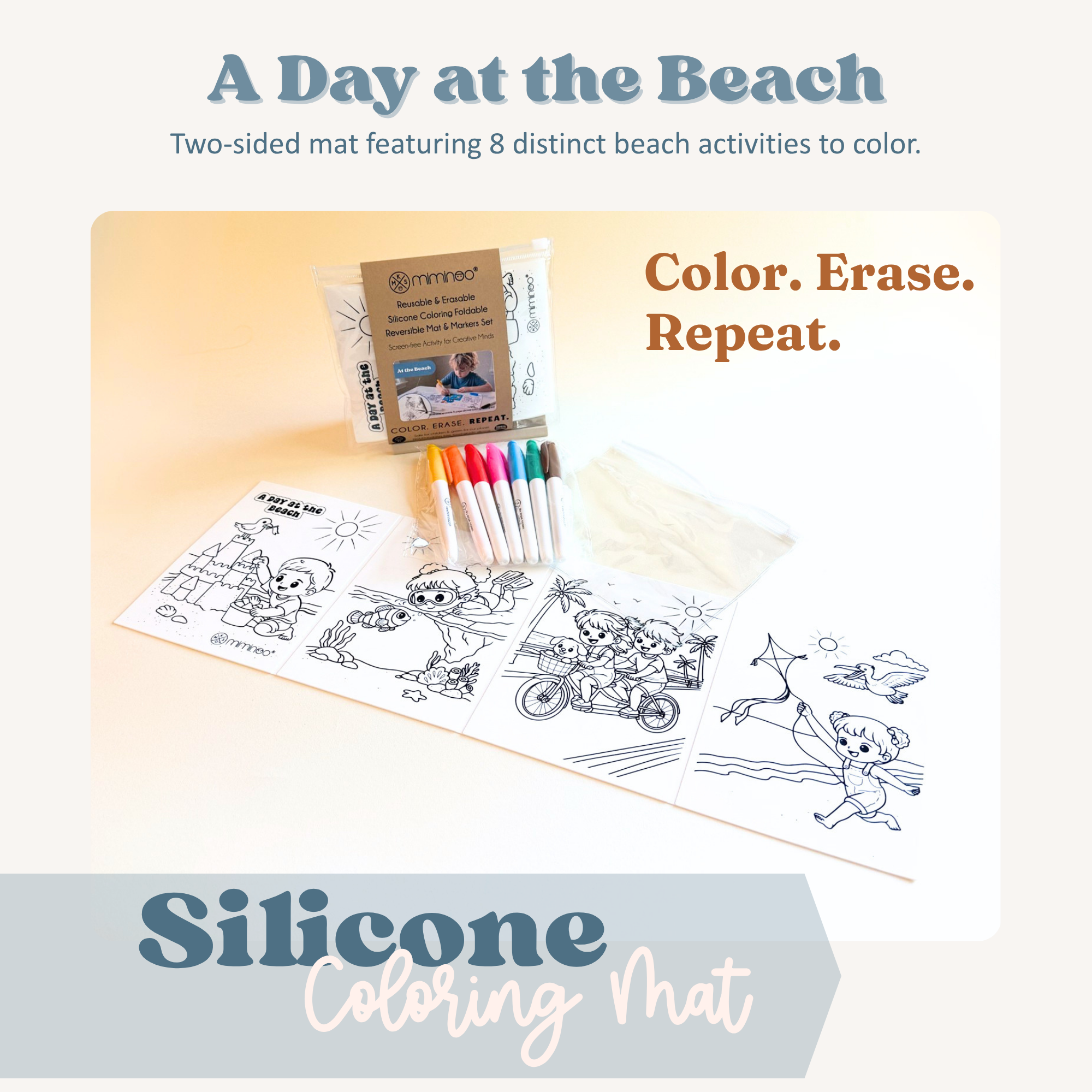 A Day at the Beach silicone coloring mat set with two coloring mats, a pack of markers, and a small pouch, displayed on a light beige background with promotional text.