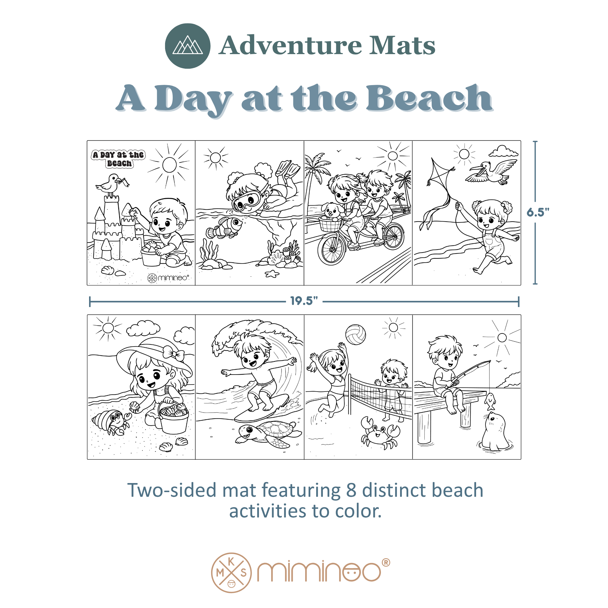 Promotional graphic for an Adventure Mats 'A Day at the Beach' coloring mat. The image shows a black-and-white four-panel mat layout with beach activities like sandcastle building, swimming, riding a beach bike, and flying a kite, along with dimensions 19.