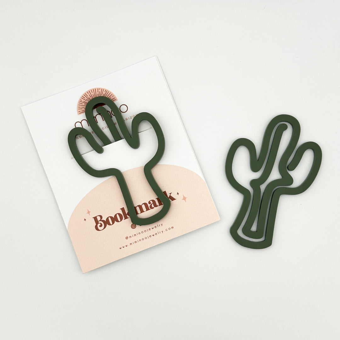 Cactus-shaped green paper clip on a white card with 'Bookmark' text
