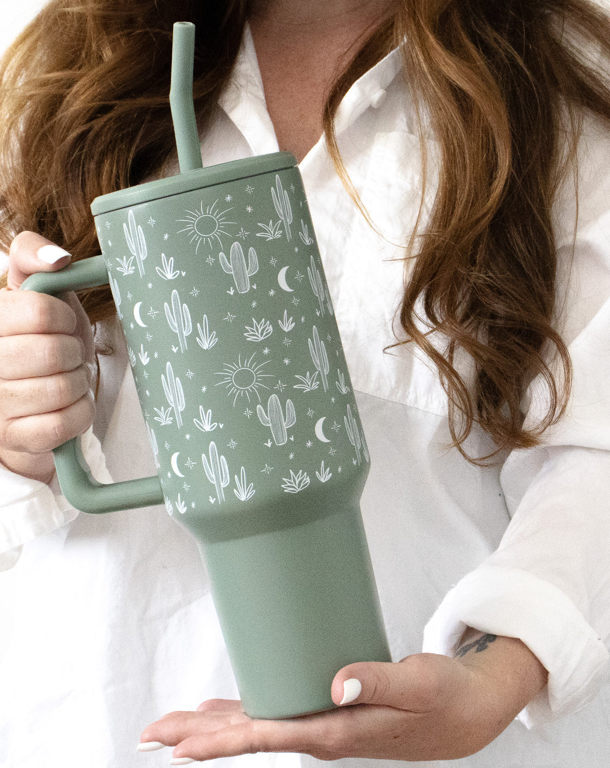 Cactus Print 40oz Tumbler Leak Proof Sip-and-Go Sage Green