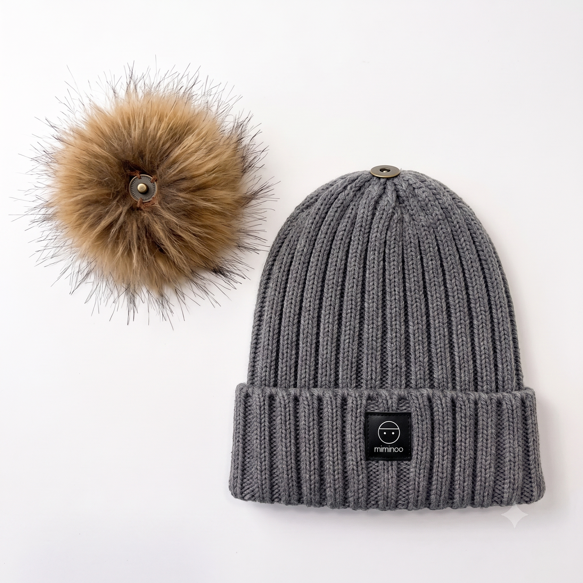 Angora Classic Ribbed Beanie Pom Snap-Button Option Charcoal