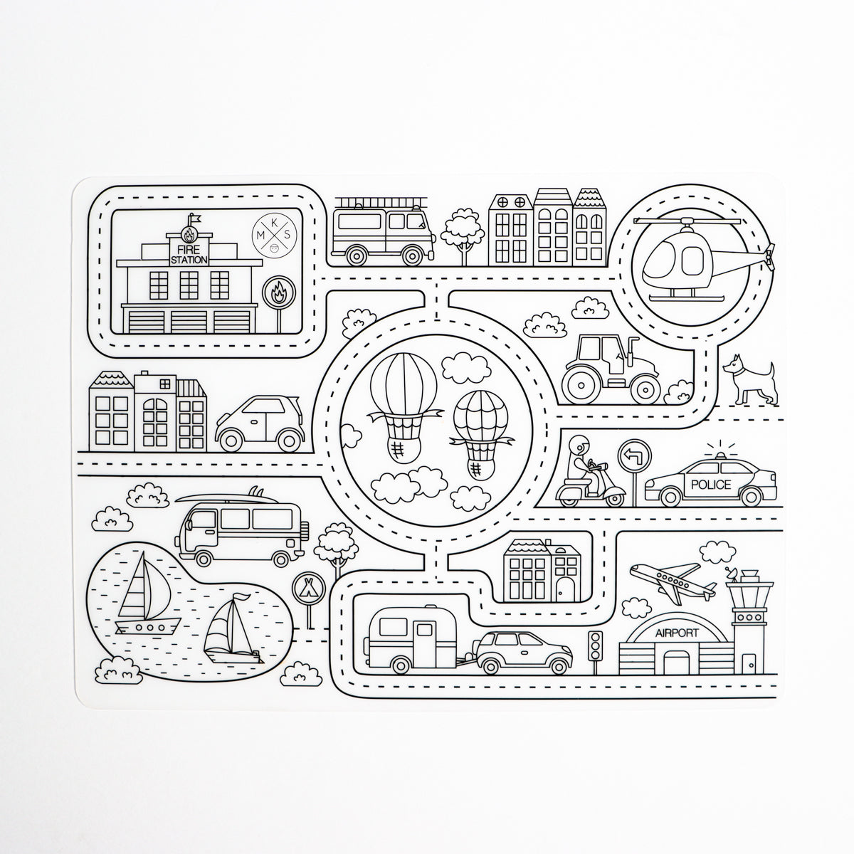 Silicone erasable and reusable coloring tablemat exclusive design Roadmap for kids with set of dry-erase markers for kids by Mks miminoo gilbert arizona montessori homeschooling traveling activities