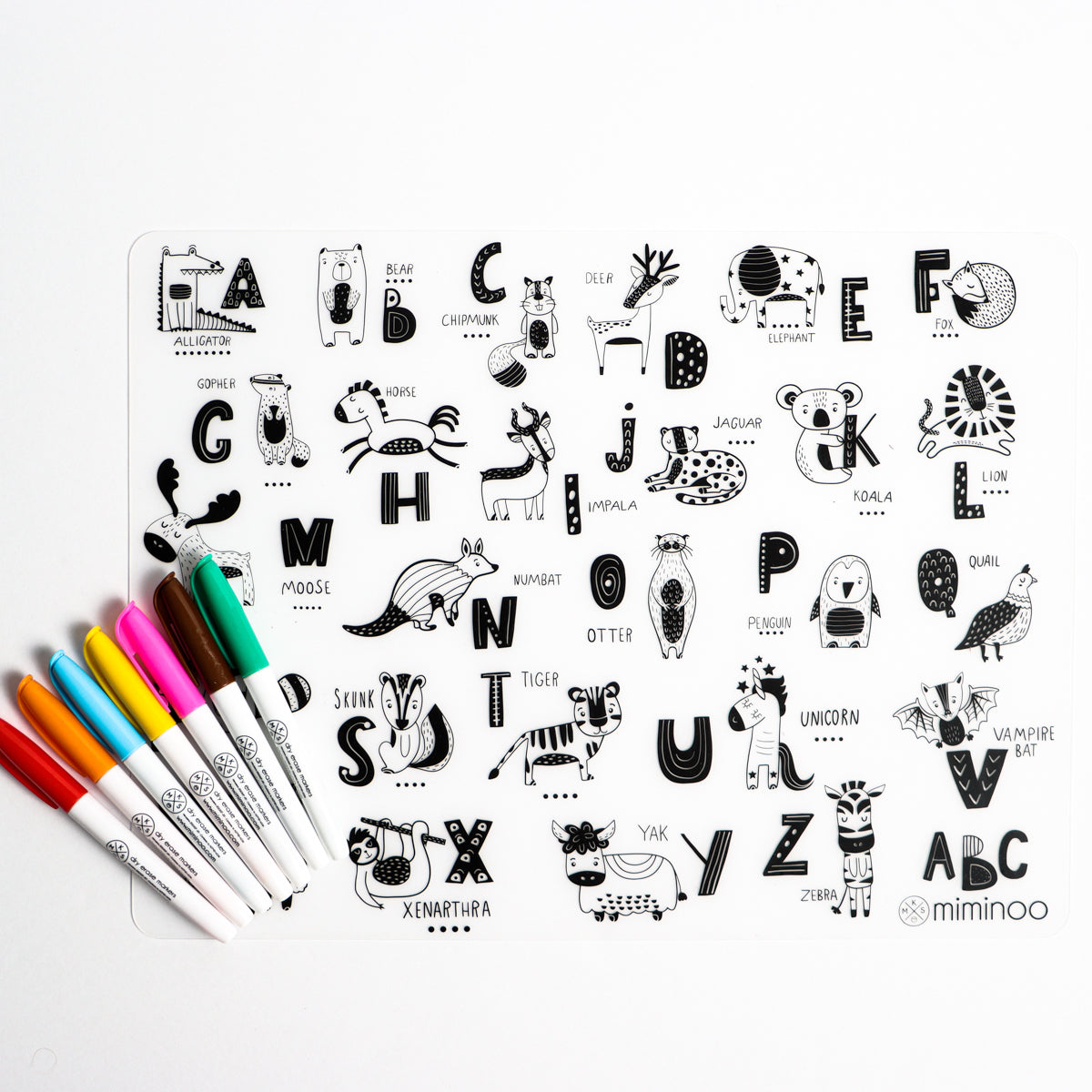 Silicone Reusable Coloring Tablemat ABC Alphabet Animals Miminoo USA
