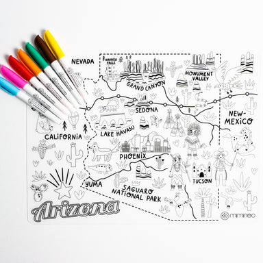Silicone erasable and reusable coloring tablemat exclusive design arizona state map for kids with set of dry-erase markers for kids by Mks miminoo usa brand montessori homeschooling tool