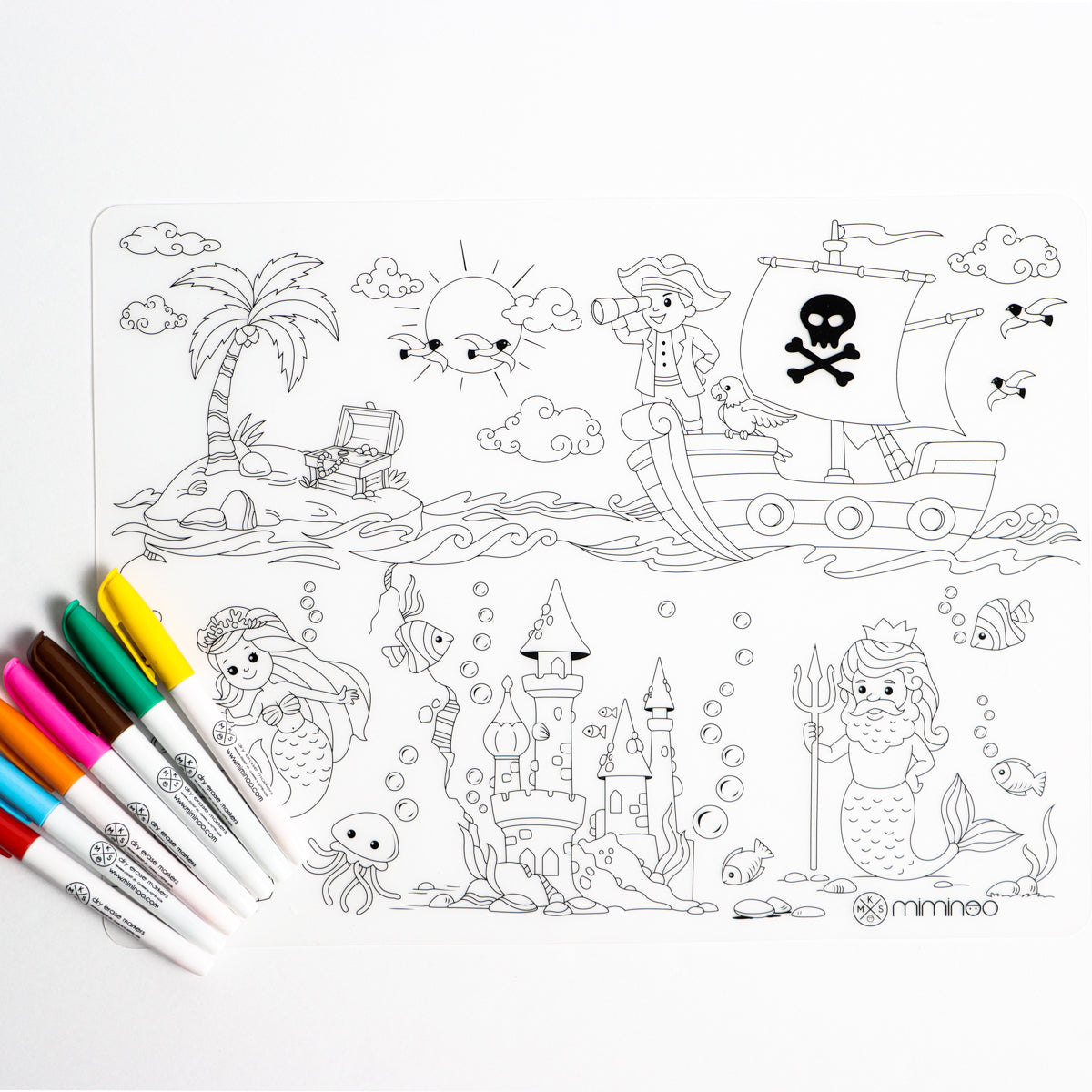 Silicone erasable and reusable coloring tablemat exclusive design Atlantis Mermaids and pirates state map for kids with set of dry-erase markers for kids by Mks miminoo gilbert arizona montessori homeschooling traveling activities