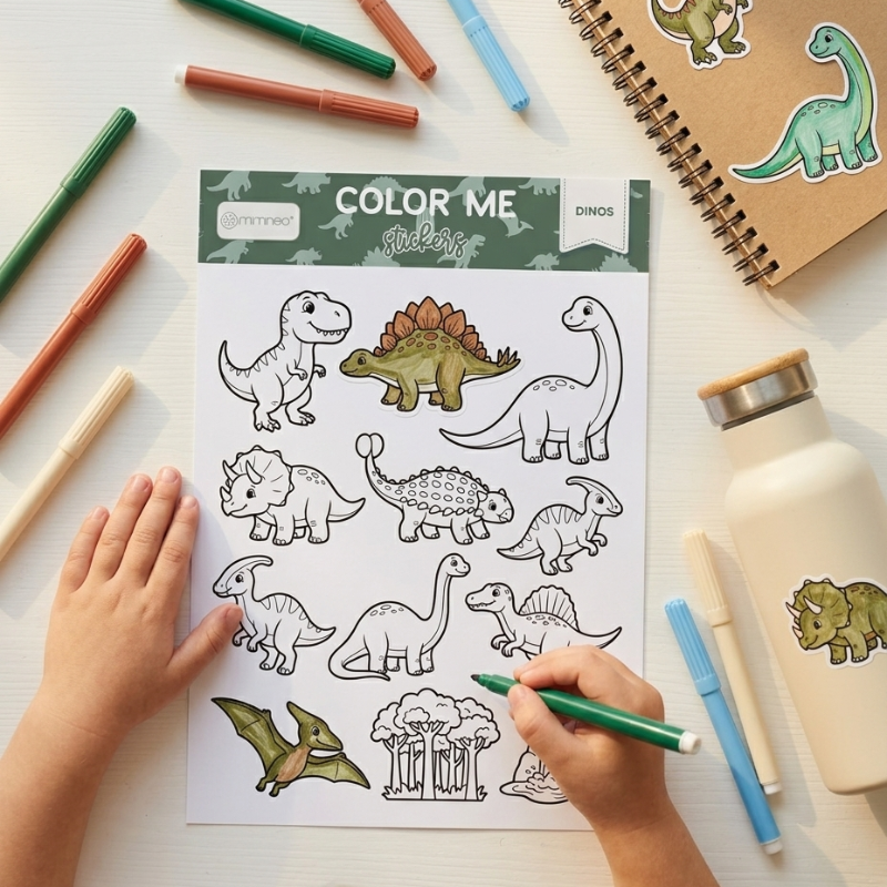 Children coloring dinosaurs with markers on a table with coloring book and water bottle.