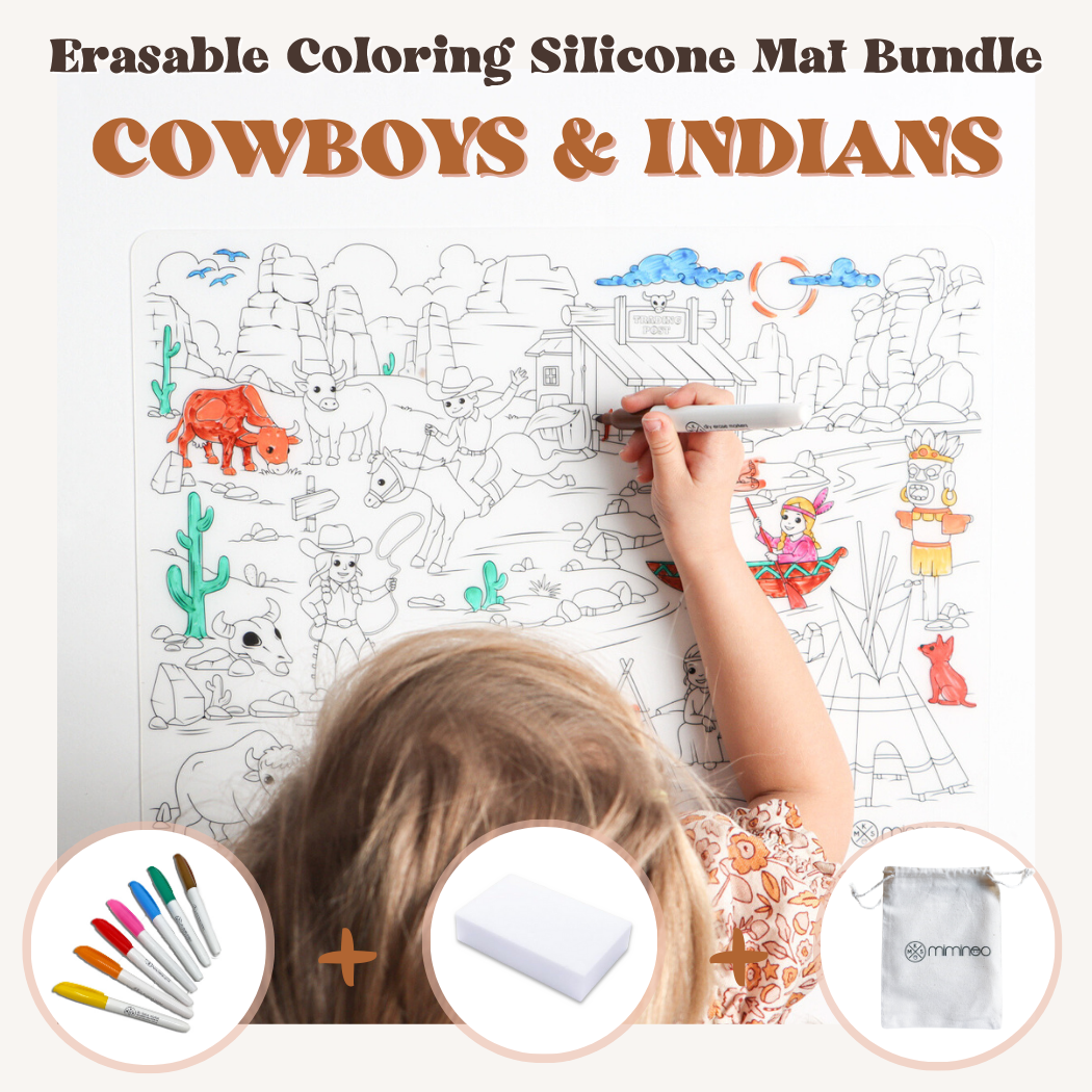 Silicone Reusable Coloring Mat & Markers Set - Cowboys & Indians