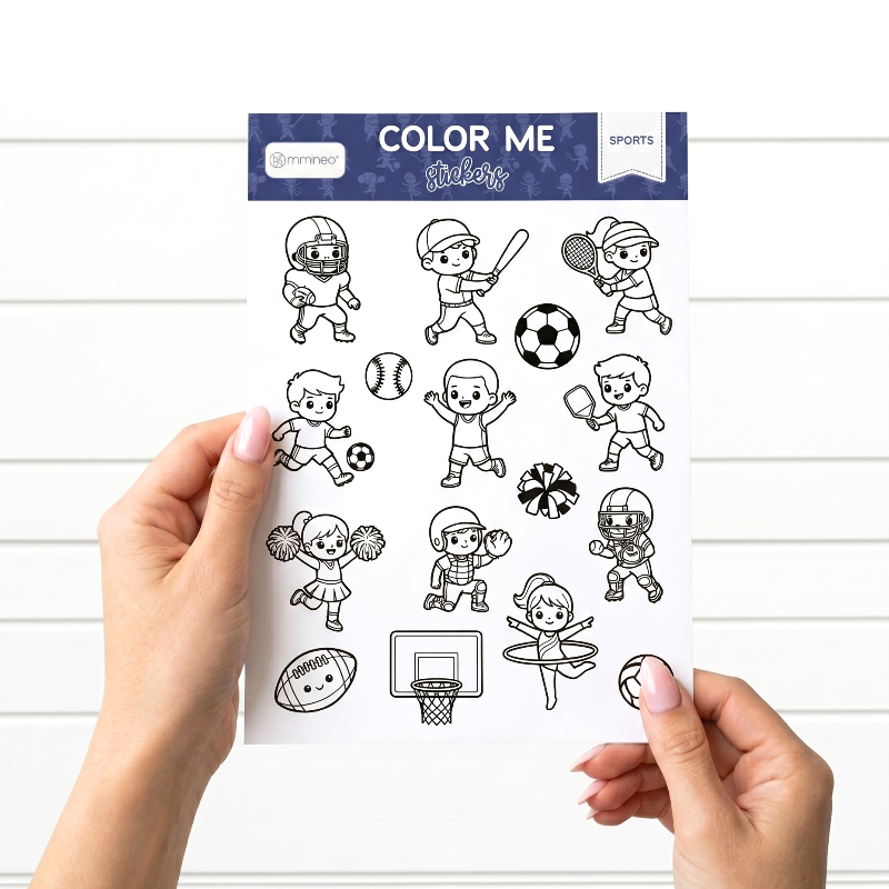 sports comic cartoon sticker sheet to color by miminoo held by two women hands