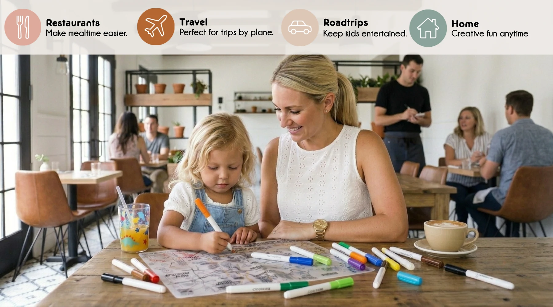 Family enjoying a screen-free moment together with a Miminoo reusable silicone coloring mat at a restaurant, designed to keep kids creatively engaged during outings and travel.