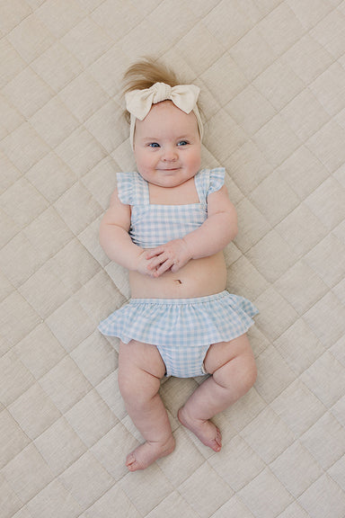 Light Blue Gingham Ruffle Bikini Set for little girls summer swimwear Mebie Baby at MKS Miminoo