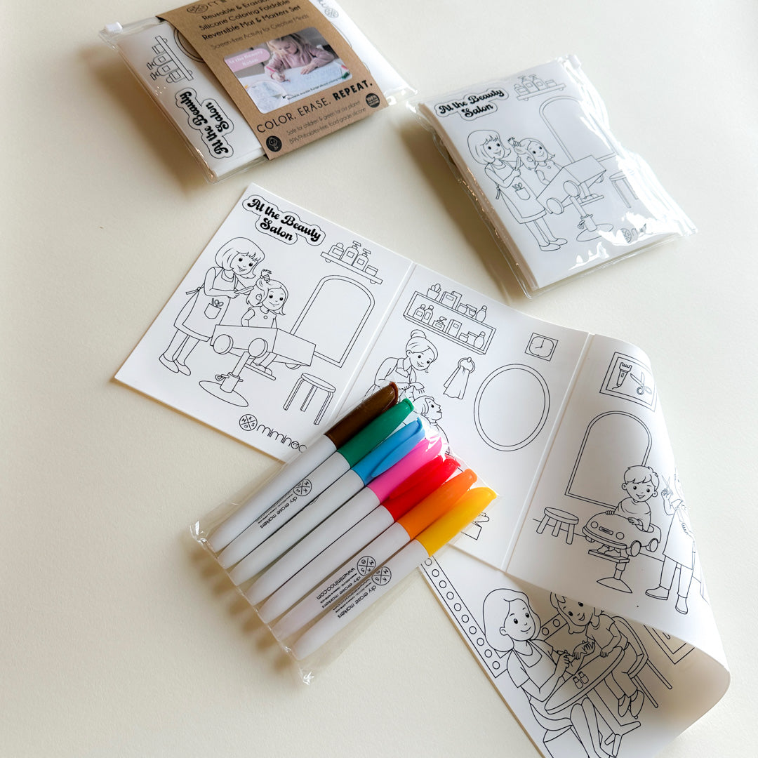 MKS Miminoo foldable reusable and erasable silicone coloring reversible mat with dry-erase markers for girls "At the Beauty Salon"