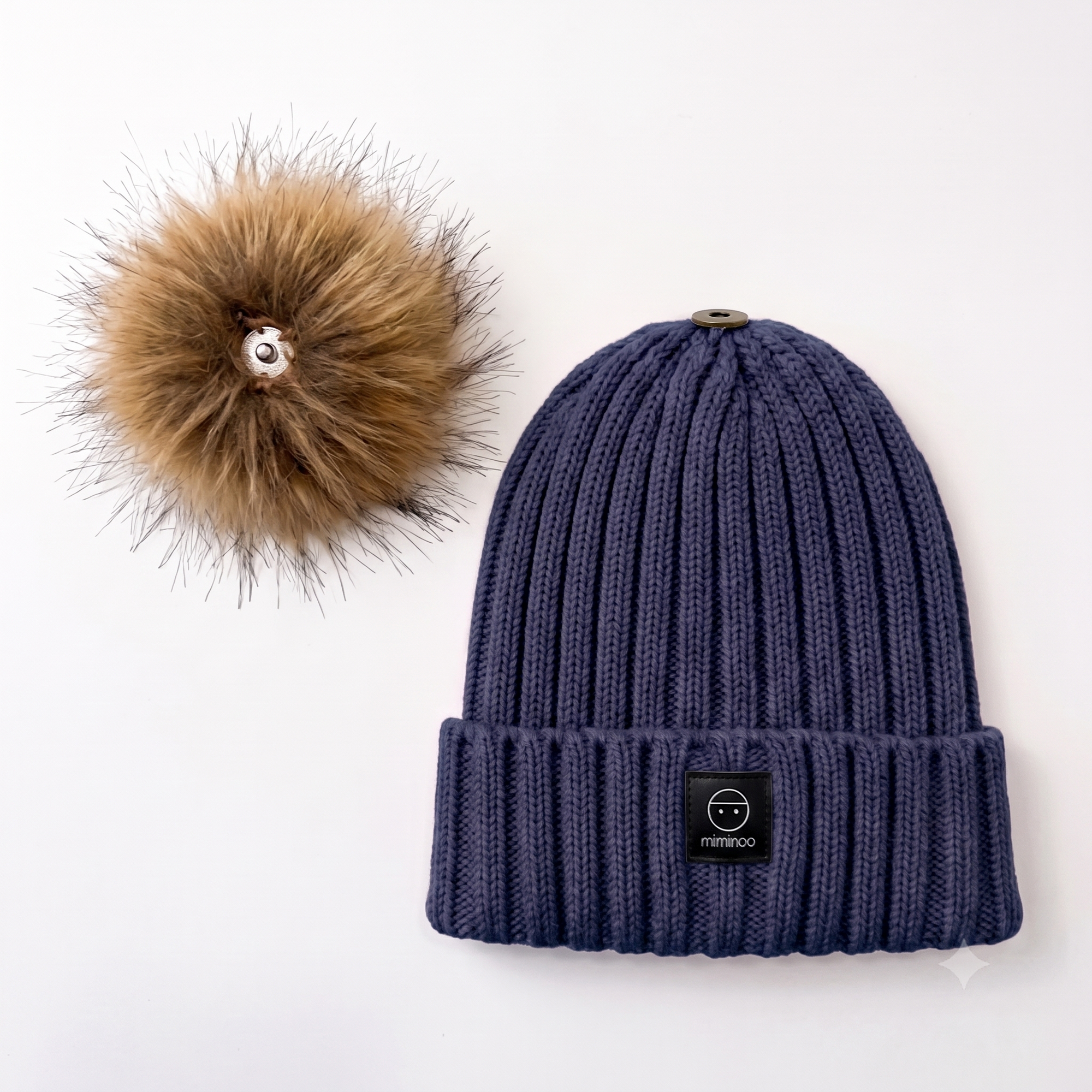 Angora Classic Ribbed Beanie Pom Snap-Button Option Navy