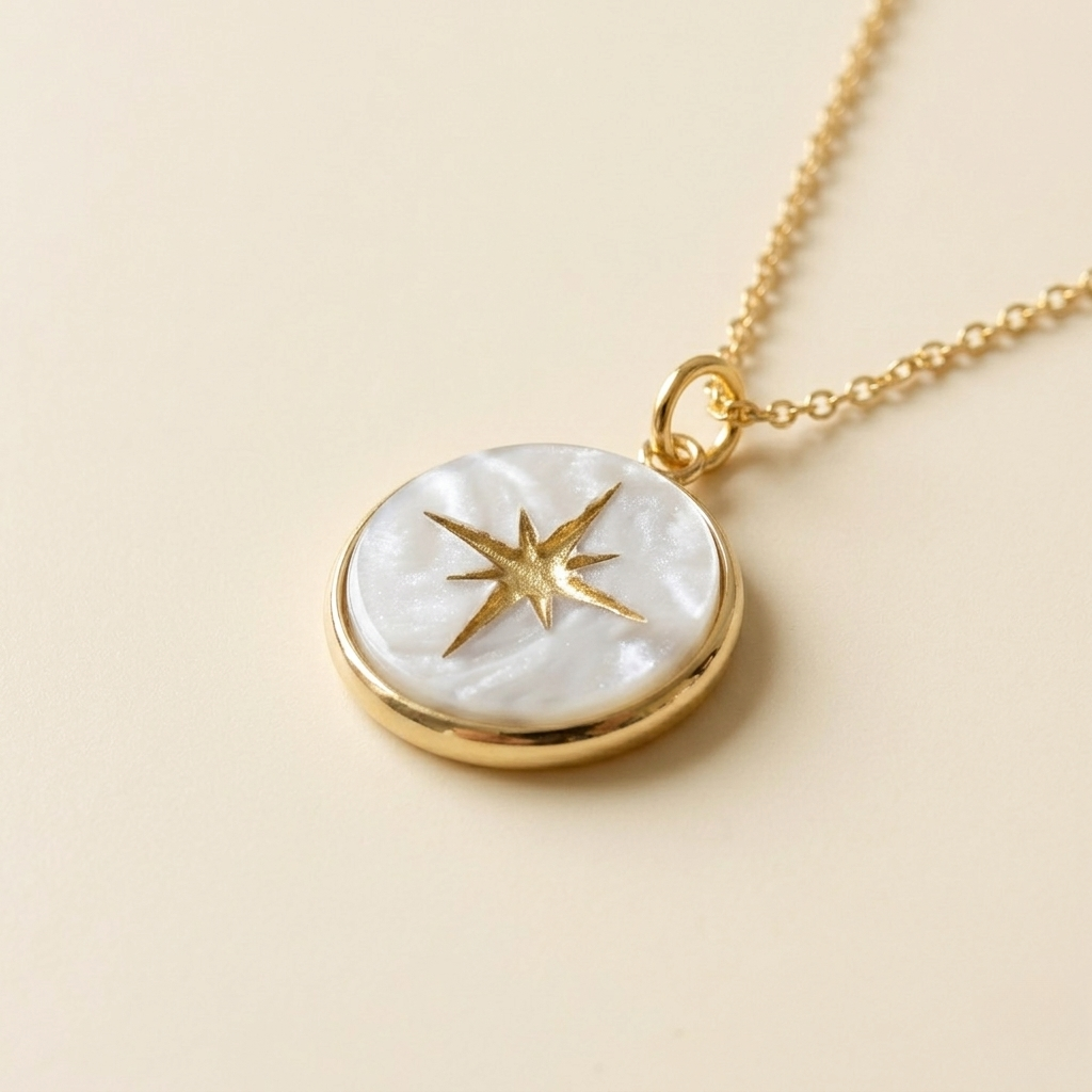 Close-up of Miminoo's Pearl Acrylic North Star Necklace featuring a round pearl marble acrylic charm with a hand-painted gold star, suspended from a delicate 18k gold-plated chain on a white background.