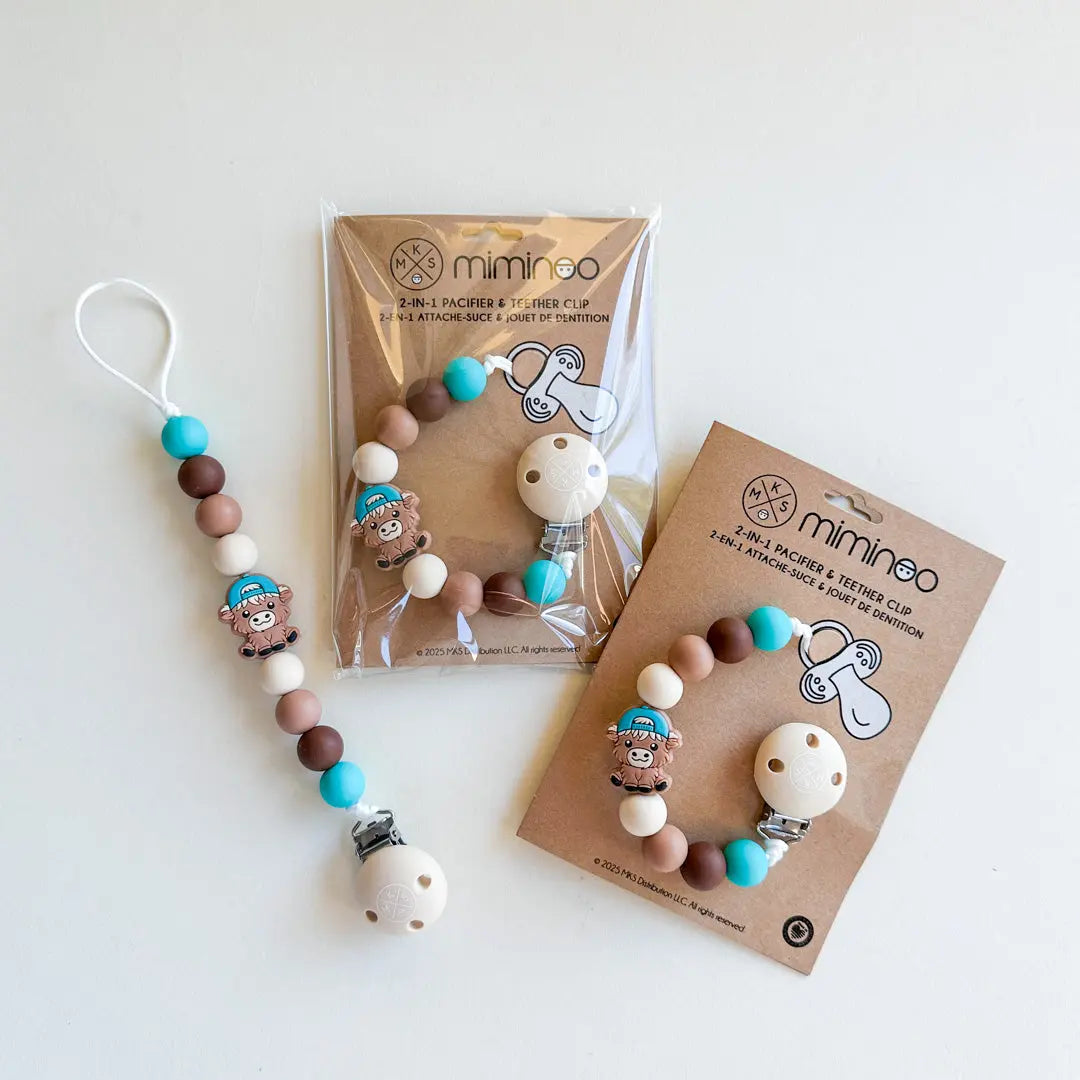Pacifier clip & Teether Holder Highland Cow Teal MKS MIMINOO