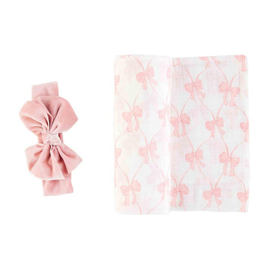 Bow Swaddle & Headband Set little baby girl gift set Mudpie at mks miminoo pink 
