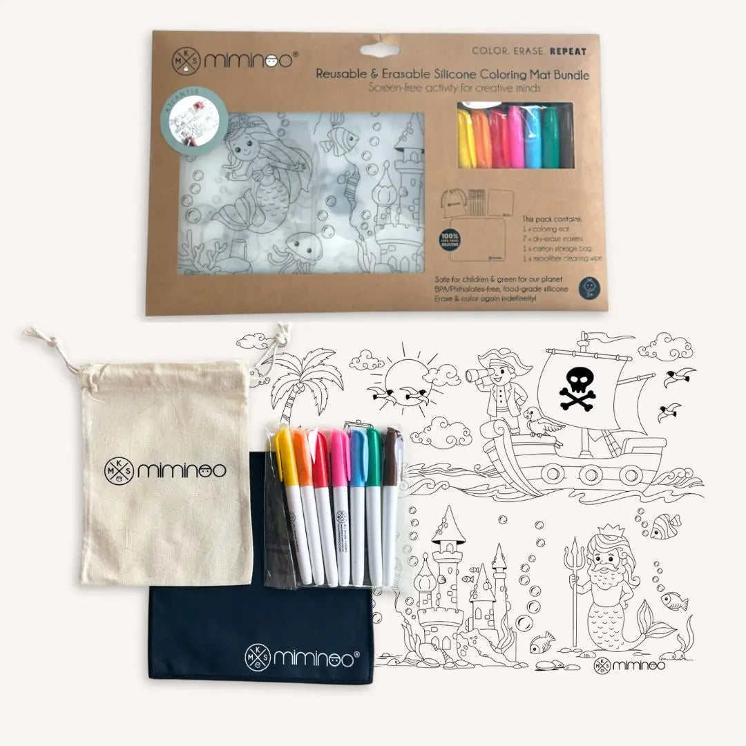 Atlantis silicone reusable coloring tablemat for kids with mermaids, pirates, Poseidon, and treasure – Miminoo eco-friendly kids activity silicone coloring mat with an exclusive Atlantis theme, a set of colorful dry erase markers, and a carrying pouch, all laid out on a white background.