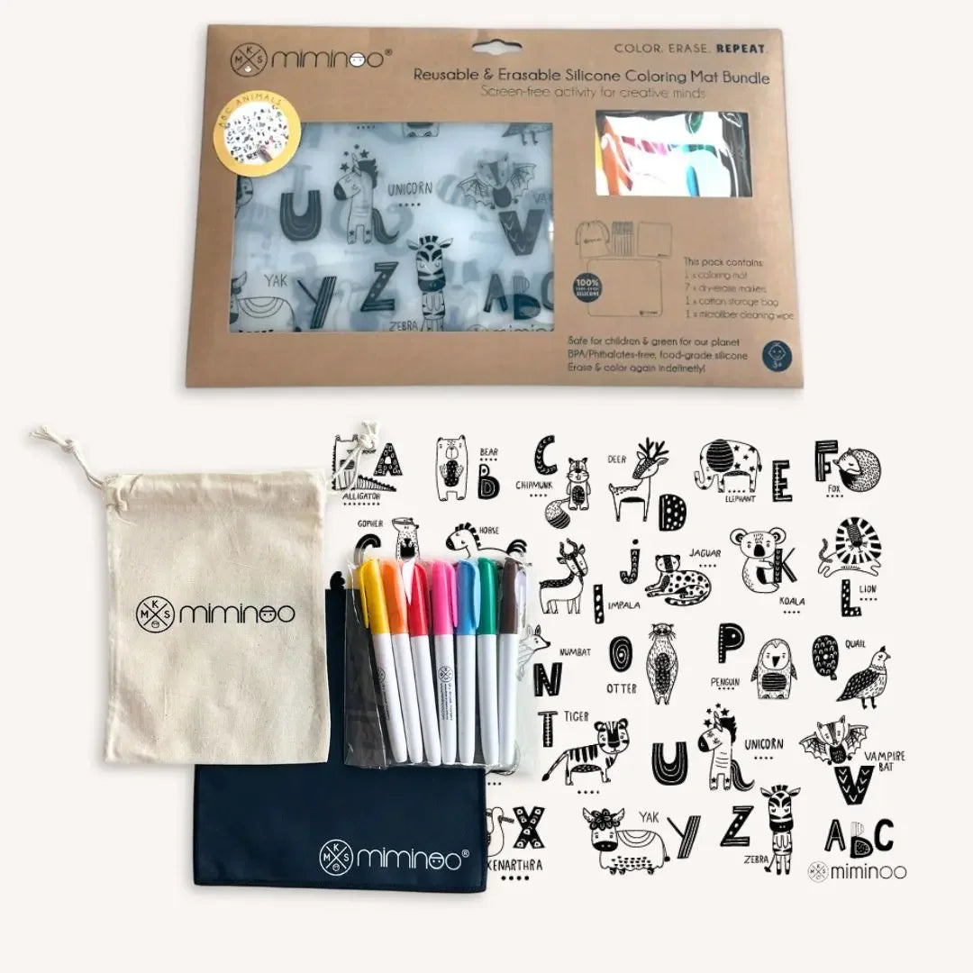 Silicone Reusable Coloring Mat & Markers Set - ABC Animals MKS MIMINOO