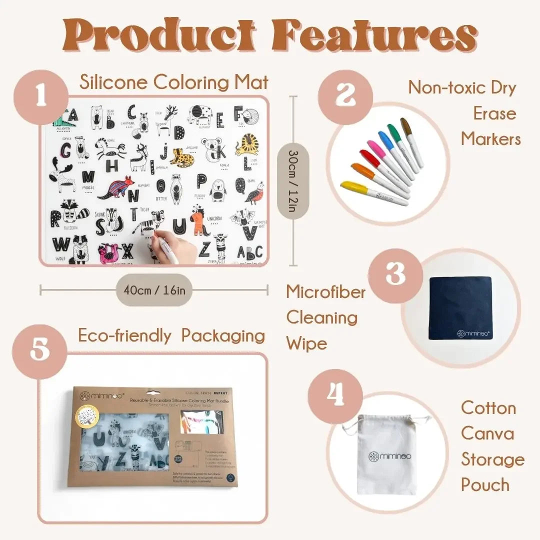 Silicone Reusable Coloring Mat & Markers Set - ABC Animals MKS MIMINOO
