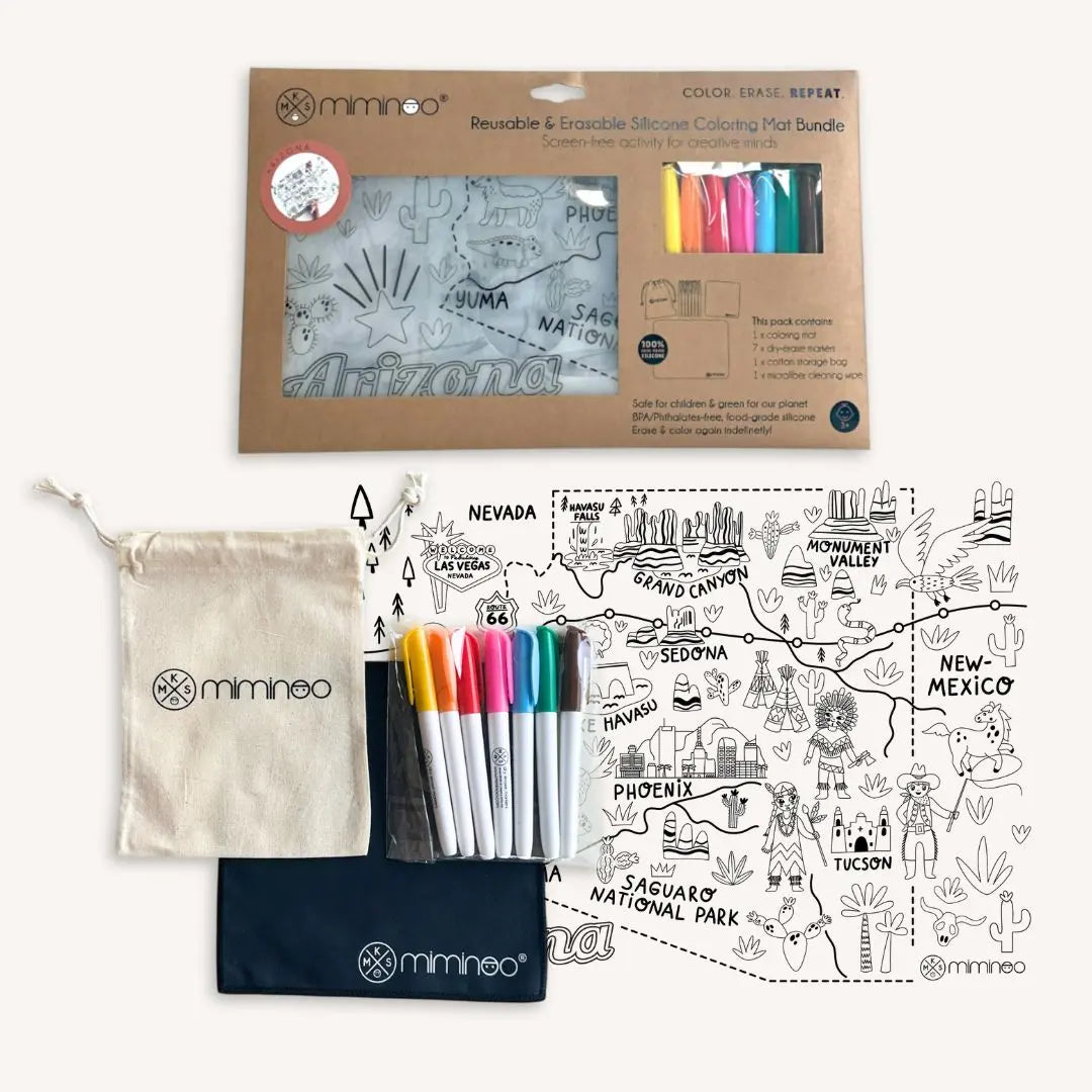 Arizona cactus silicone reusable coloring tablemat for kids by Miminoo – eco-friendly and travel-friendly silicone coloring tablemat with Arizona-themed designs, a set of colorful dry erase markers, and a black carrying pouch, all laid out on a white background.