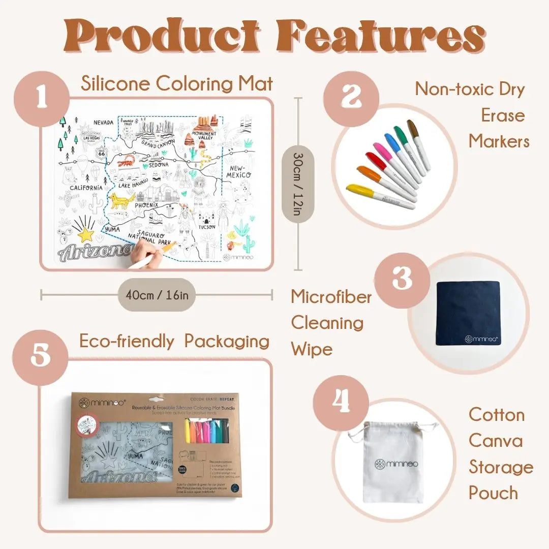 Silicone Reusable Coloring Mat & Markers Set - Arizona MKS MIMINOO