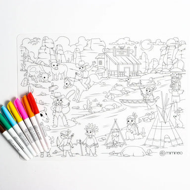 Silicone Reusable Coloring Mat & Markers Set - Cowboys & Indians - MKS Miminoo