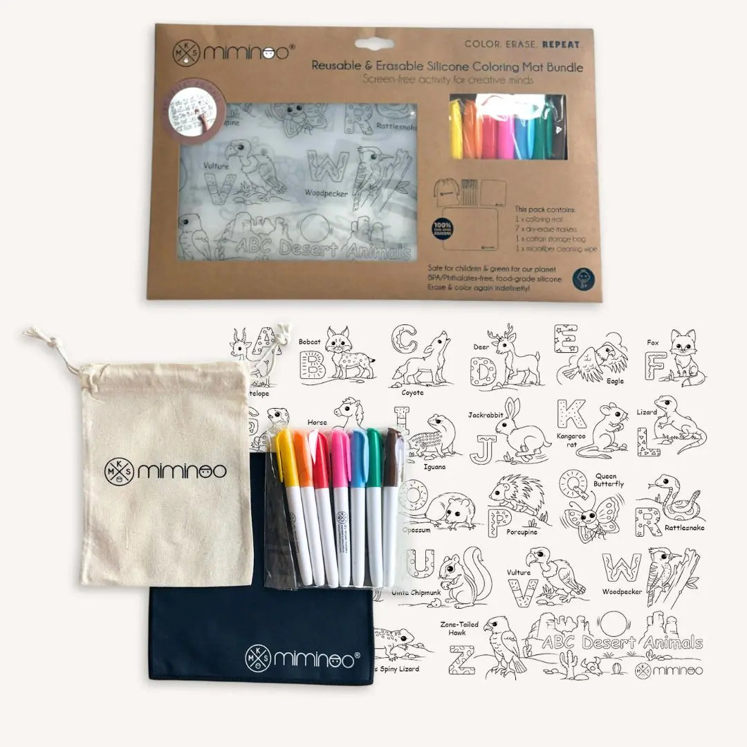 Silicone Reusable Coloring Mat & Markers Set - Desert Animals ABC MKS MIMINOO