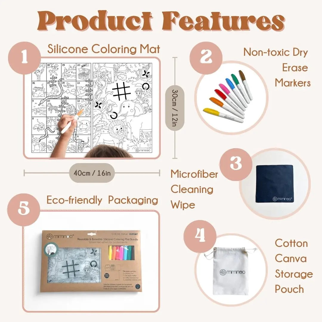 Silicone Reusable Coloring Mat & Markers Set - Jungle Games MKS MIMINOO