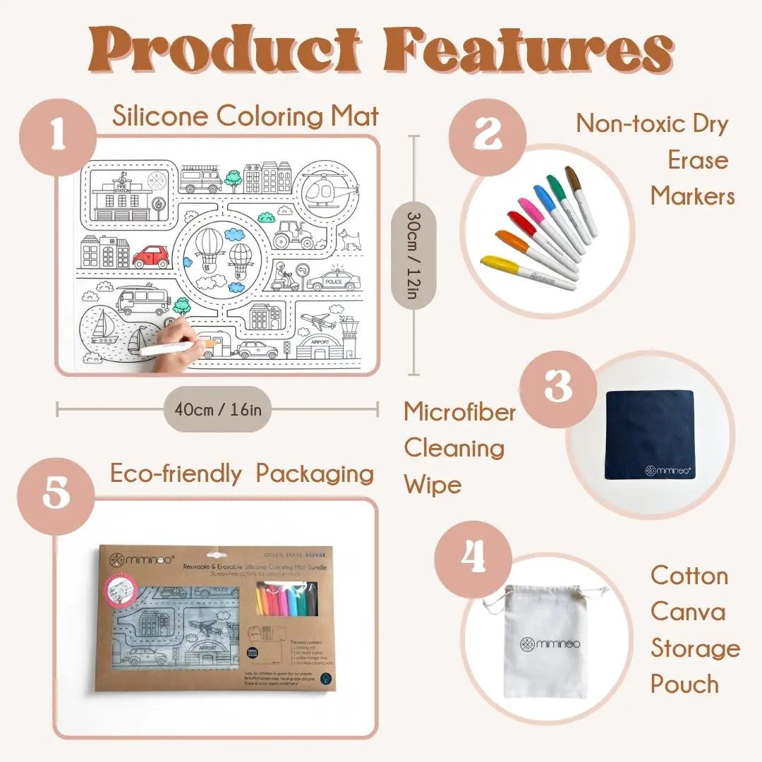 Silicone Reusable Coloring Mat & Markers Set - Roadmap MKS MIMINOO