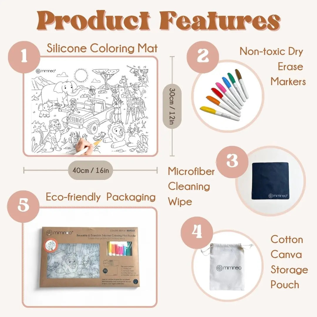 Silicone Reusable Coloring Mat & Markers Set - Safari MKS MIMINOO