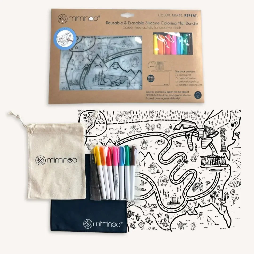 Silicone Reusable Coloring Mat bundle with Markers Set, storage bag and wiping cloth on the  USA Map theme with landmarks and roads for kids learning geography by MKS Miminoo.