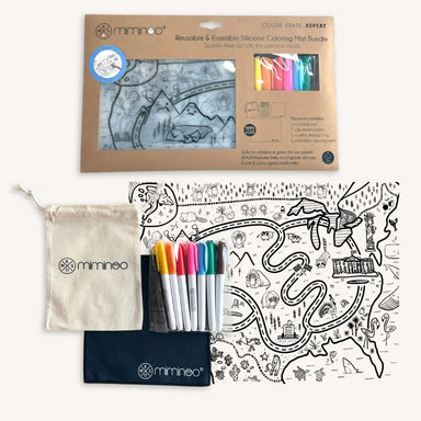 Silicone Reusable Coloring Mat bundle with Markers Set, storage bag and wiping cloth on the  USA Map theme with landmarks and roads for kids learning geography by MKS Miminoo.