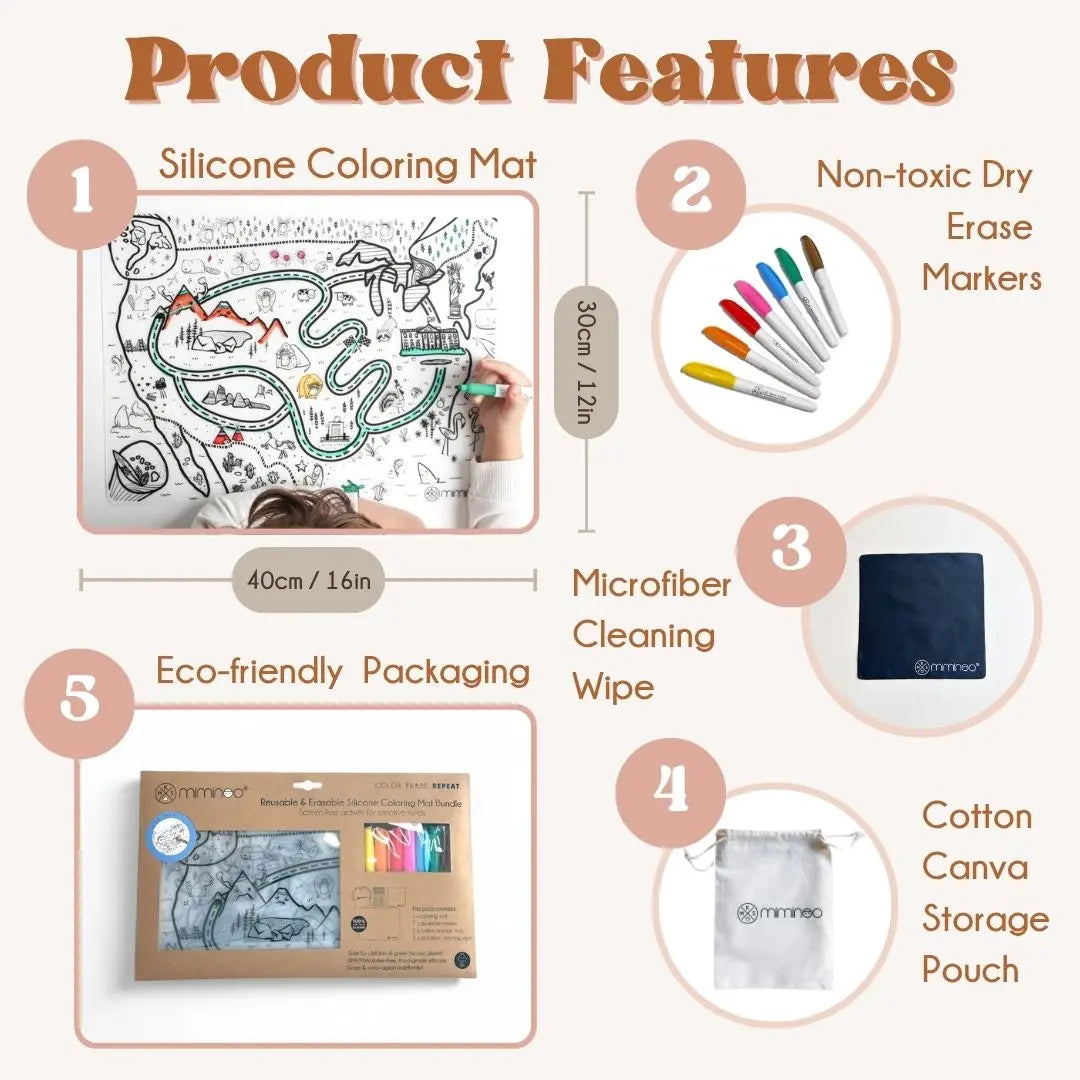 Silicone Reusable Coloring Mat & Markers Set - USA Map MKS MIMINOO
