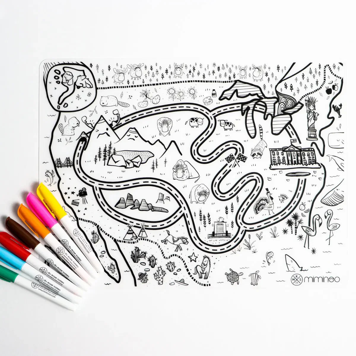 silicone coloring and erasable mat by mks miminoo exclusive design for kids educational and playful screen free activity usa map  with dry-erase markers