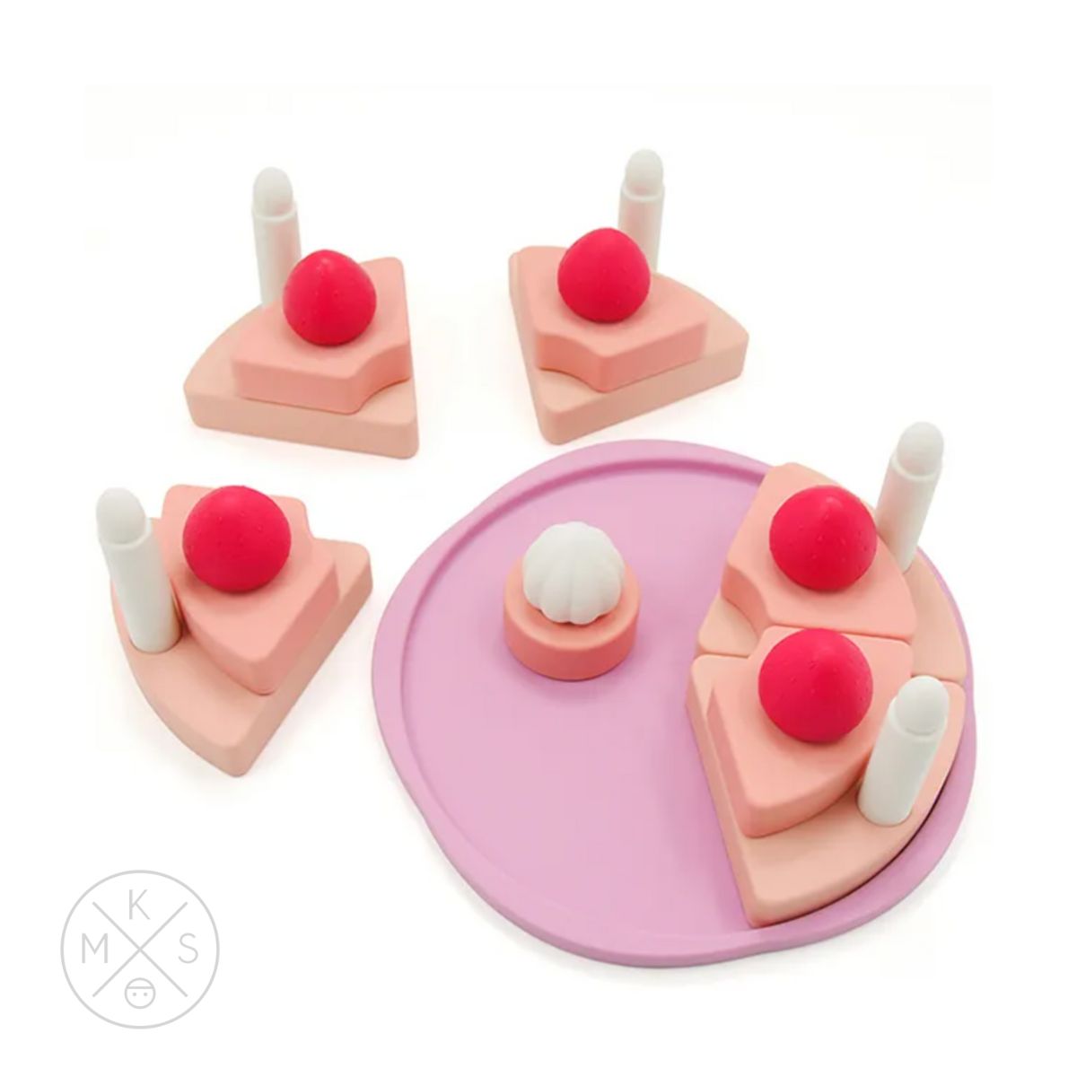 A pink Silicone Strawberry Cake Pretend Play Stacker with strawberries and candles to chew on by babies or pretend play birthday cake toy MKS Miminoo.