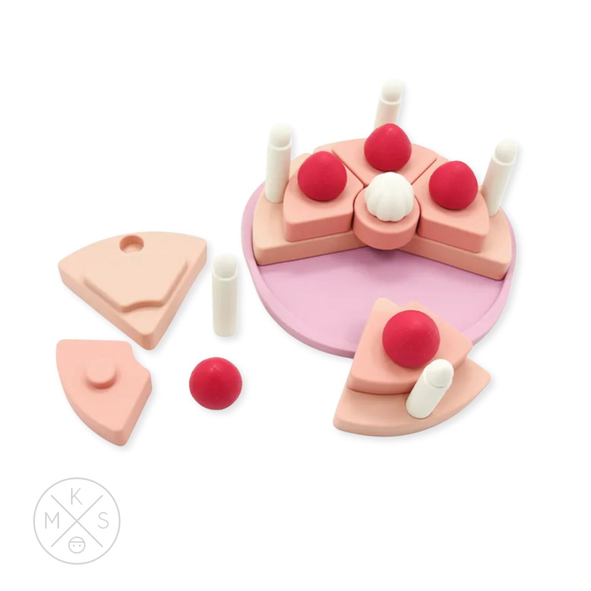 A pink Silicone Strawberry Cake Pretend Play Stacker with strawberries and candles to chew on by babies or pretend play birthday cake toy MKS Miminoo.