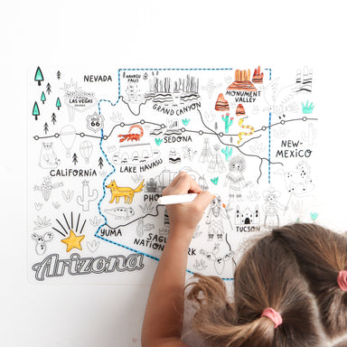 Silicone erasable and reusable coloring tablemat exclusive design arizona state map for kids with set of dry-erase markers for kids by Mks miminoo usa brand montessori homeschooling tool